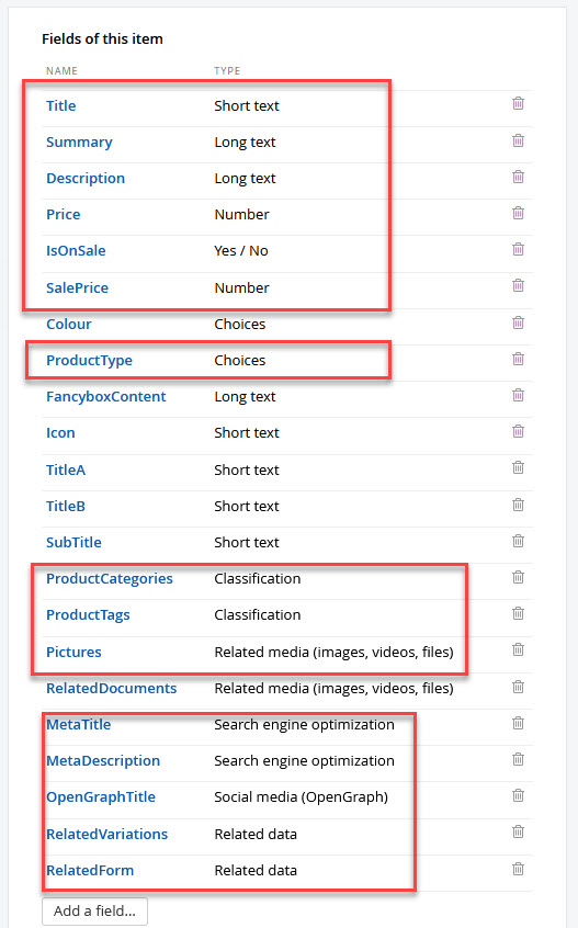 Snipcart commerce product fields